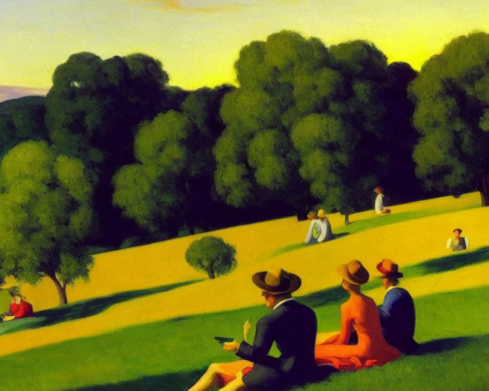 Vintage attire painting of people on grassy hill under golden sky