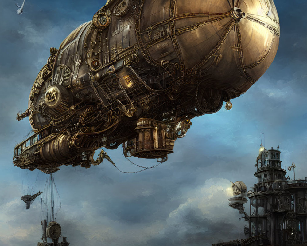 Steampunk-style airship soaring above ornate towers in cloudy sky