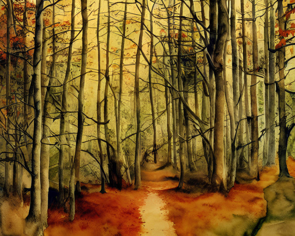 Autumn forest painting with slender trees and warm earthy tones