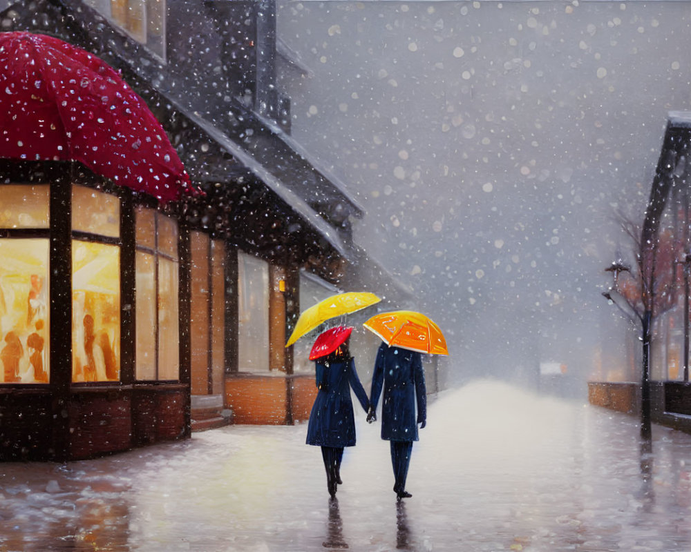 People walking under colorful umbrellas on snowy street with buildings and glowing shop windows.