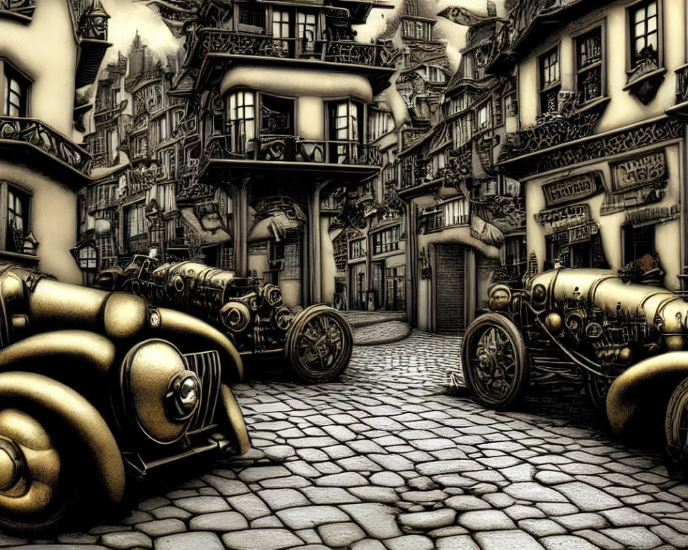 Vintage street scene with old cars and cobblestone roads.