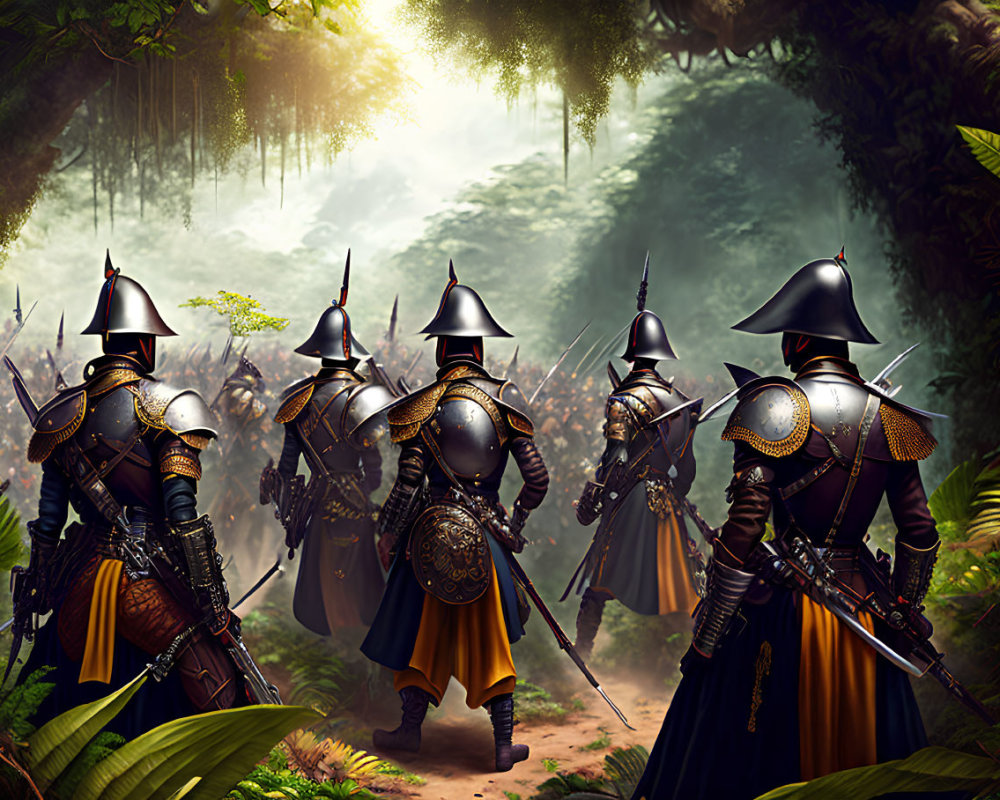 Armored medieval knights with spears in lush forest clearing