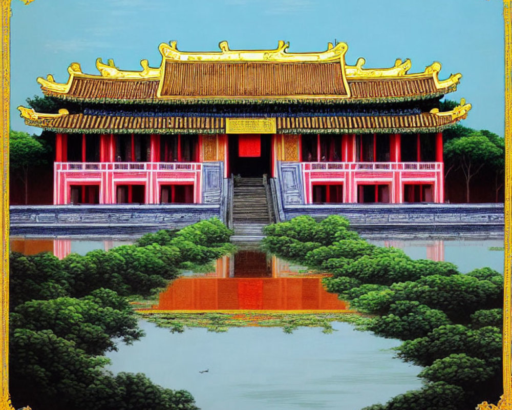 Asian Temple with Golden Roof and Red Columns Reflected in Pond