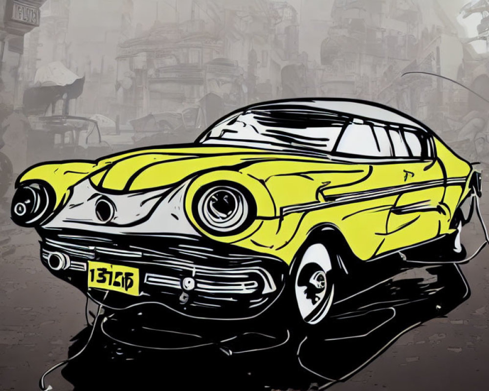 Bright Yellow Classic Car Illustration on Grayscale City Street