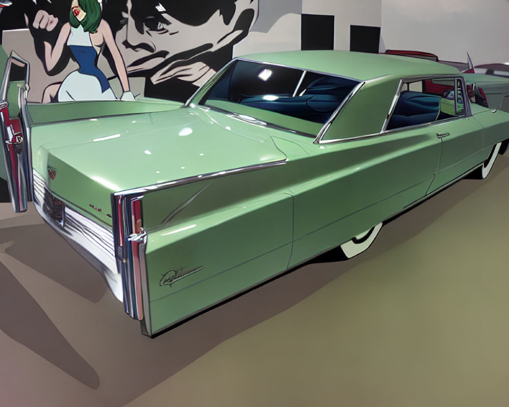 Stylized green Cadillac car in front of cartoon mural