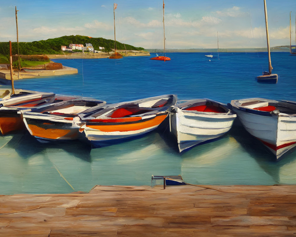 Rowboats and sailboats at wooden dock on calm sea with cloudy sky