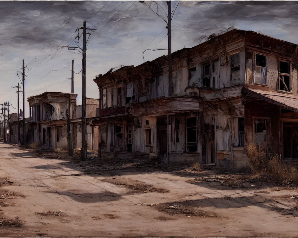 Deserted street with crumbling buildings and broken windows