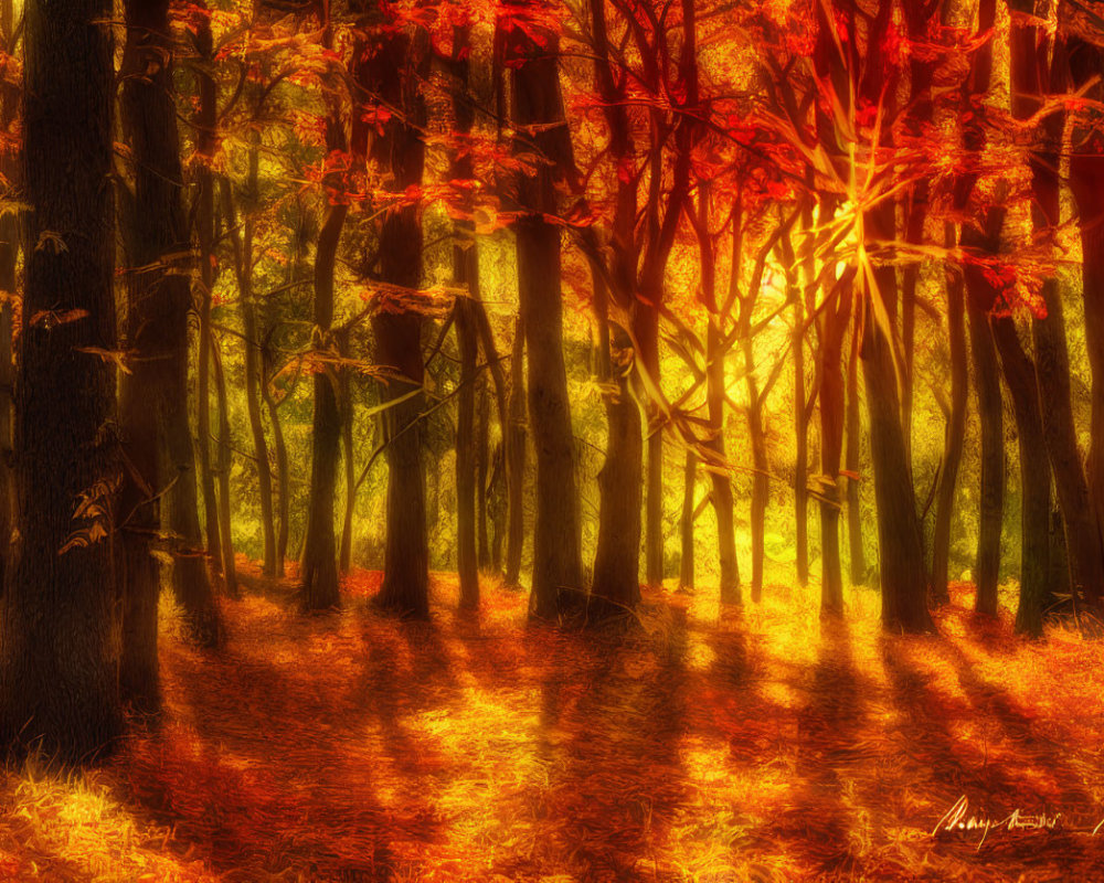 Lush Forest with Sunlight and Autumn Leaves