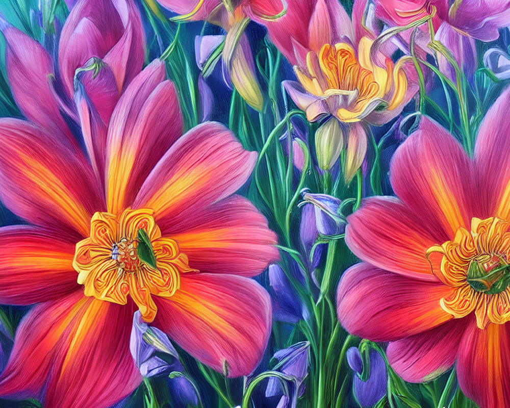 Colorful painting of pink and orange flowers with purple background