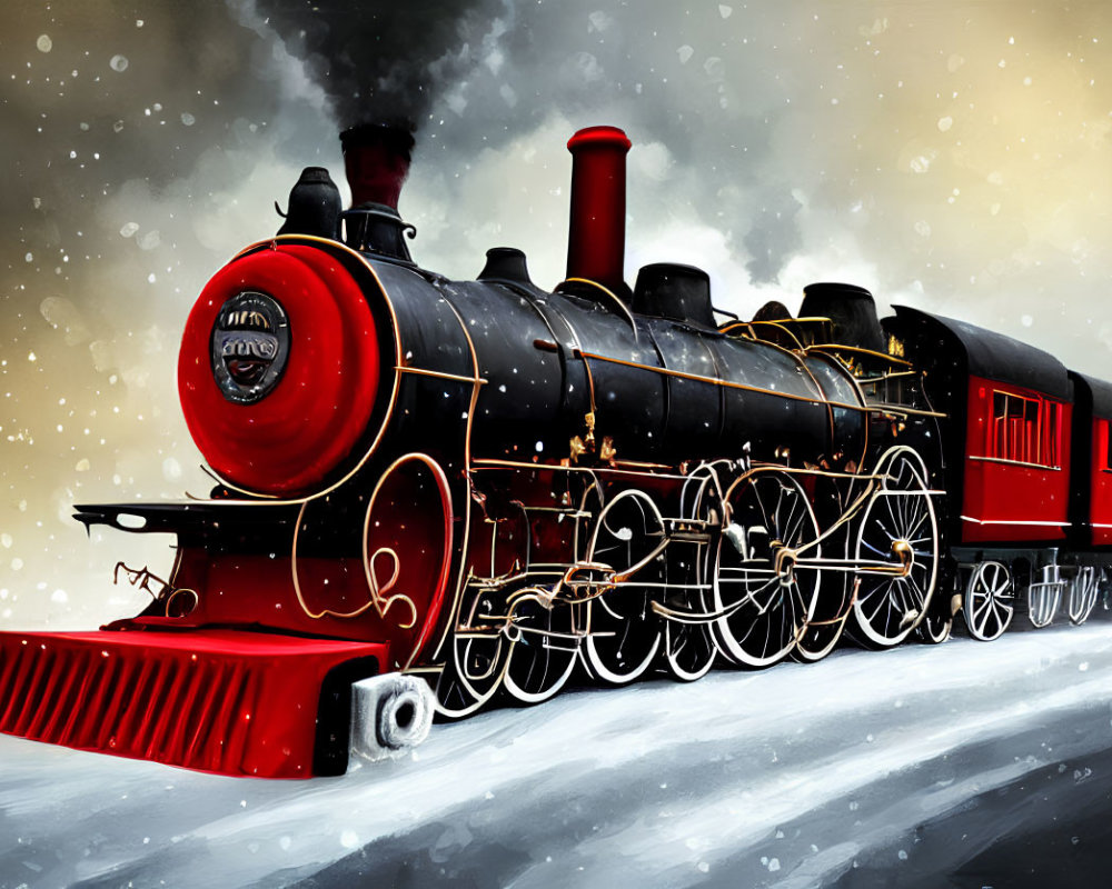 Vintage steam locomotive with red accents in snowy landscape