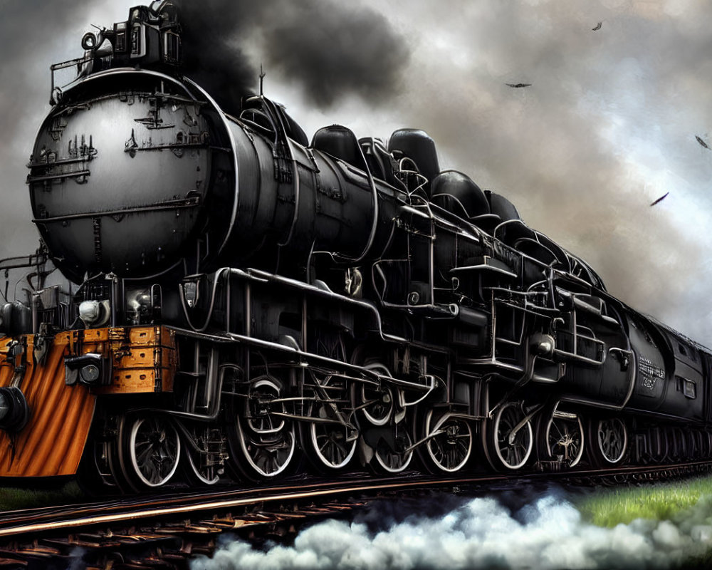 Detailed illustration of classic black steam locomotive on tracks with billowing smoke, multiple wheels, cloudy sky