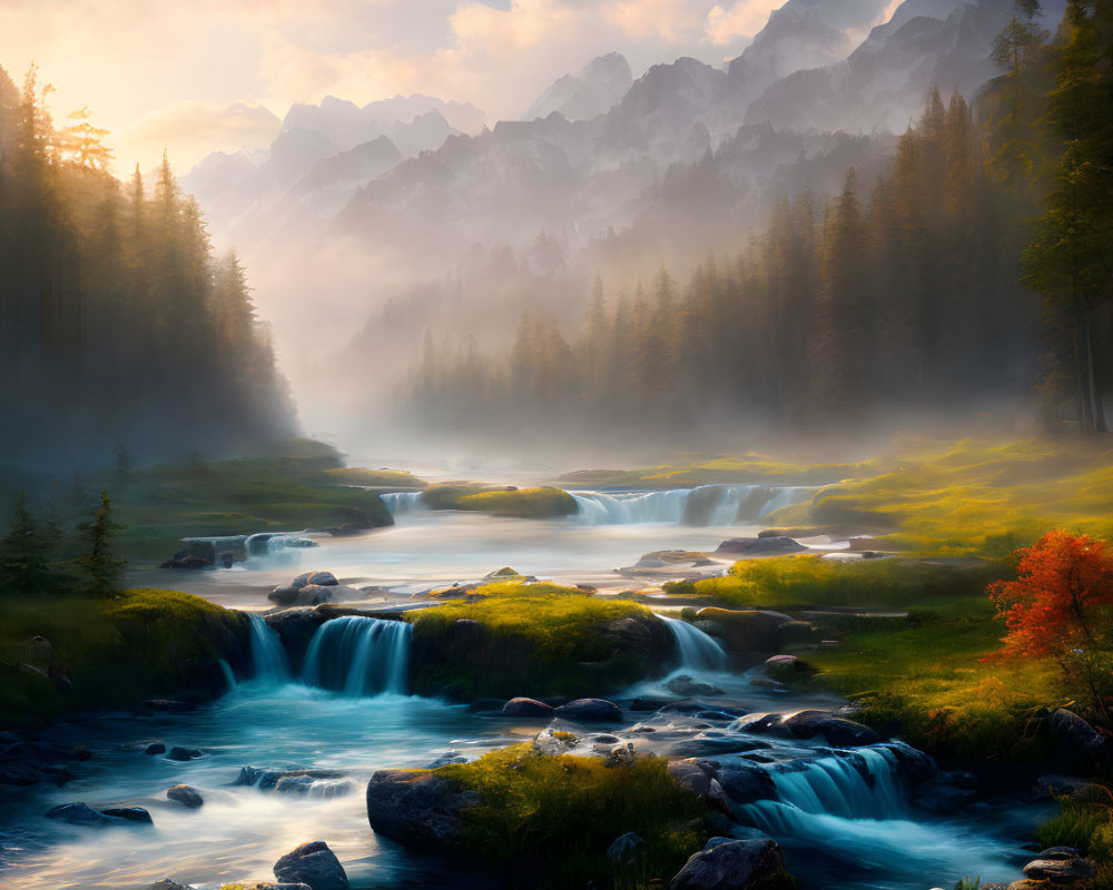 Scenic landscape with cascading river, waterfalls, forests, and mist-covered mountains