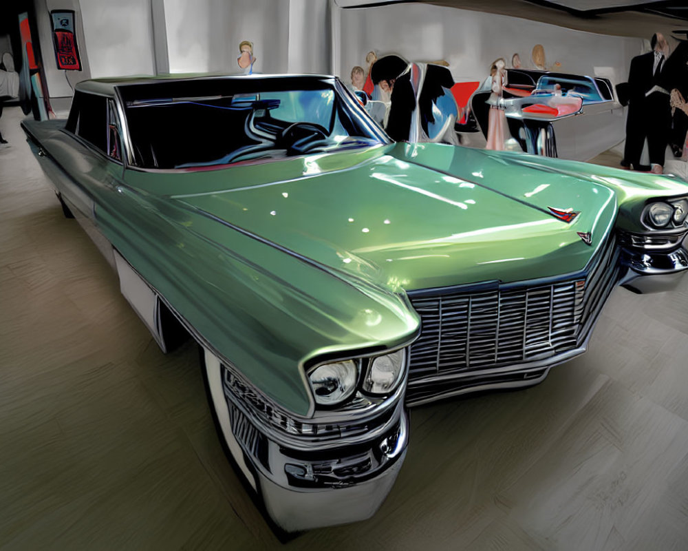 Vintage Green Cadillac Displayed Among Classic Cars in Showroom