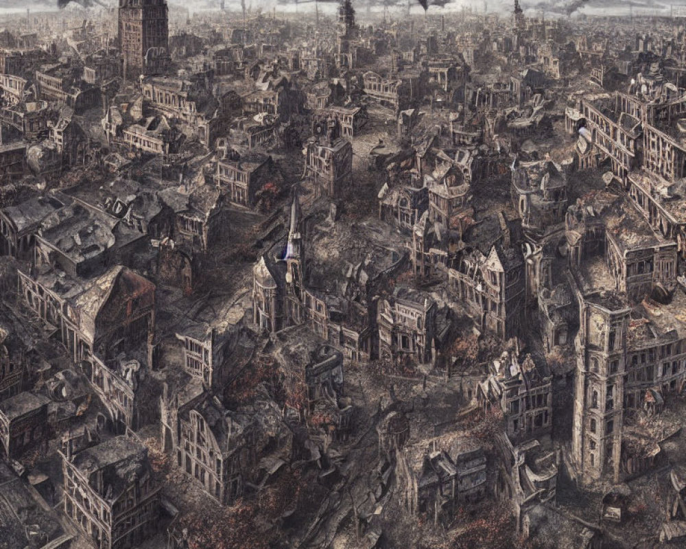 Dystopian cityscape with dilapidated buildings and desolation