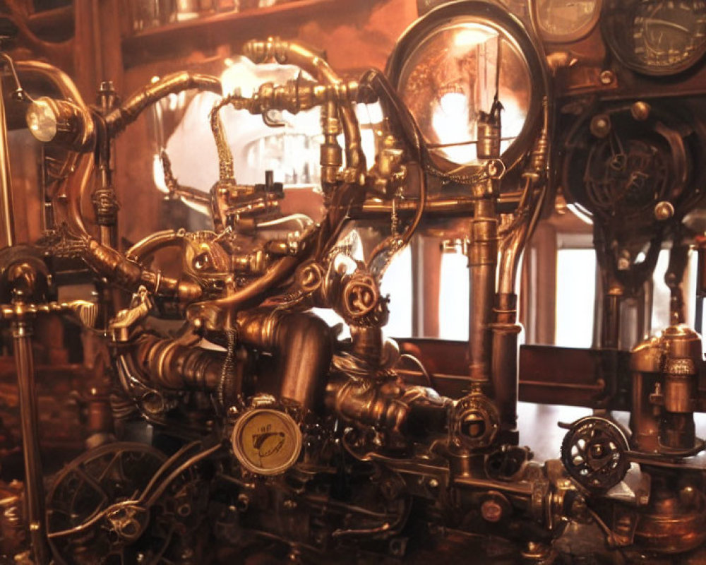 Steampunk styled contraption with pipes, dials, and gauges on vintage machinery.