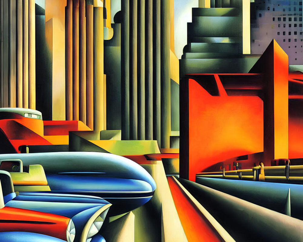 Colorful urban traffic scene with sleek cars and geometric buildings.