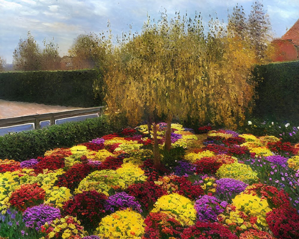 Colorful garden scene with weeping willow and flowers under partly cloudy sky