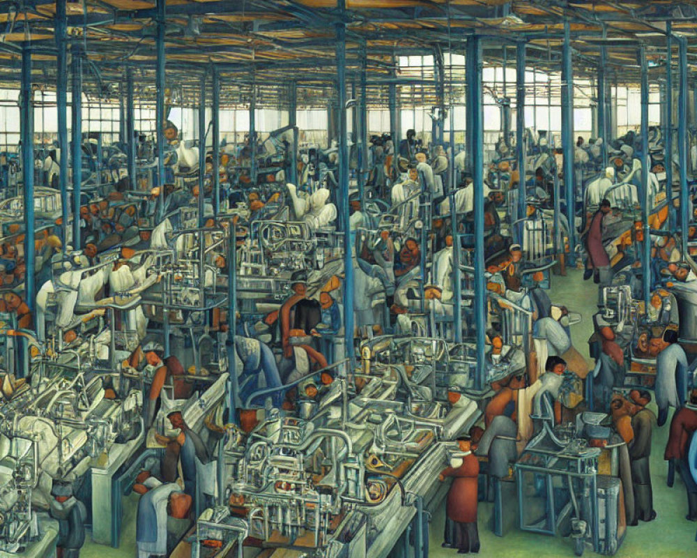 Busy industrial factory scene with workers and machinery under blue structure