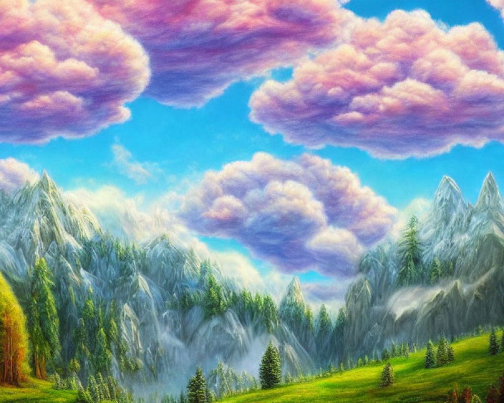 Scenic landscape with greenery, snowy mountains, pink and purple sky