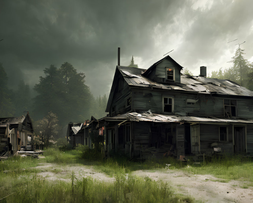 Row of Dilapidated Wooden Houses Under Foreboding Sky