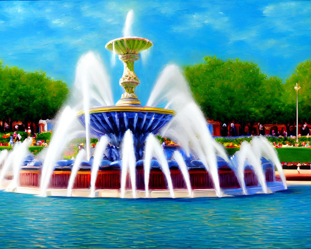 Colorful Water Fountain Painting with Trees and Blue Sky