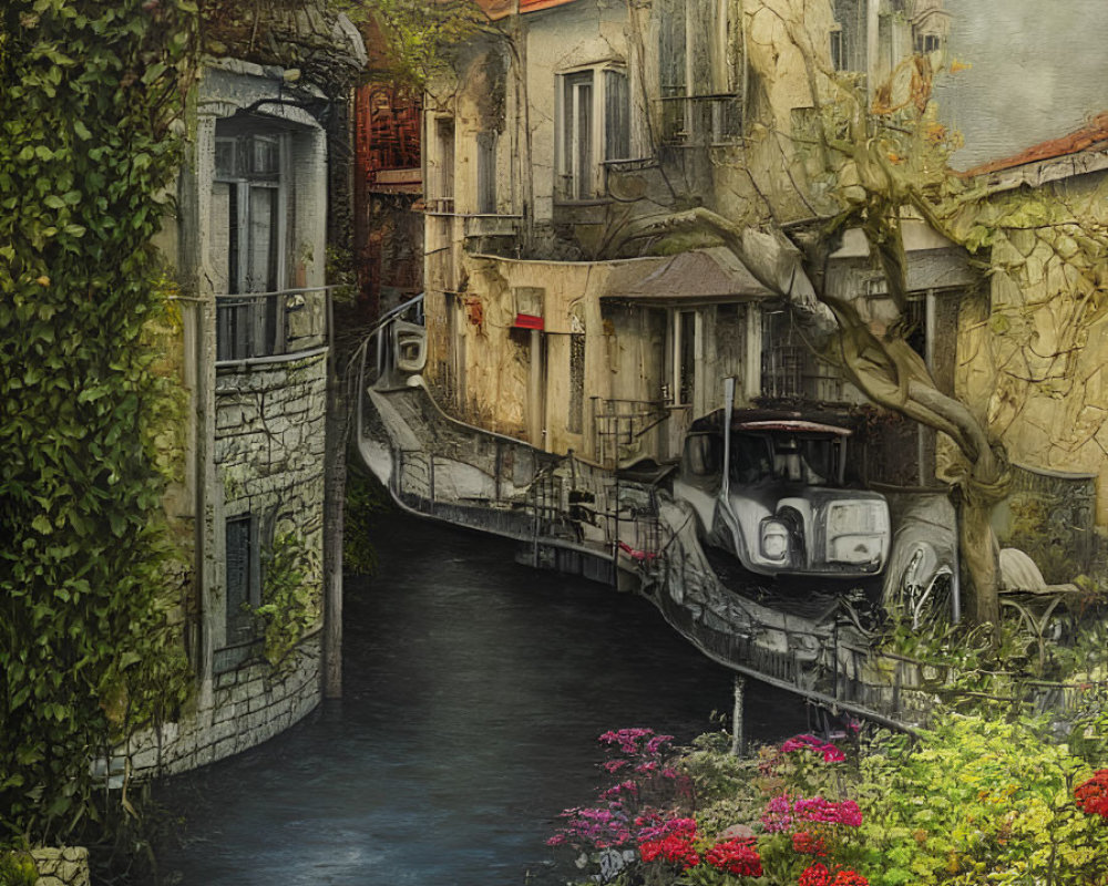 Vintage-style painting of quaint canal with old houses, boat, lush greenery, vibrant flowers