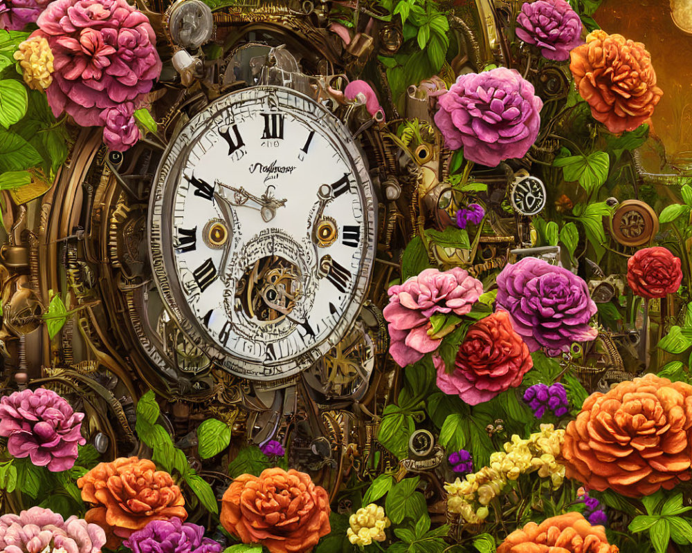 Steampunk clock with flowers, gears, and golden glow.