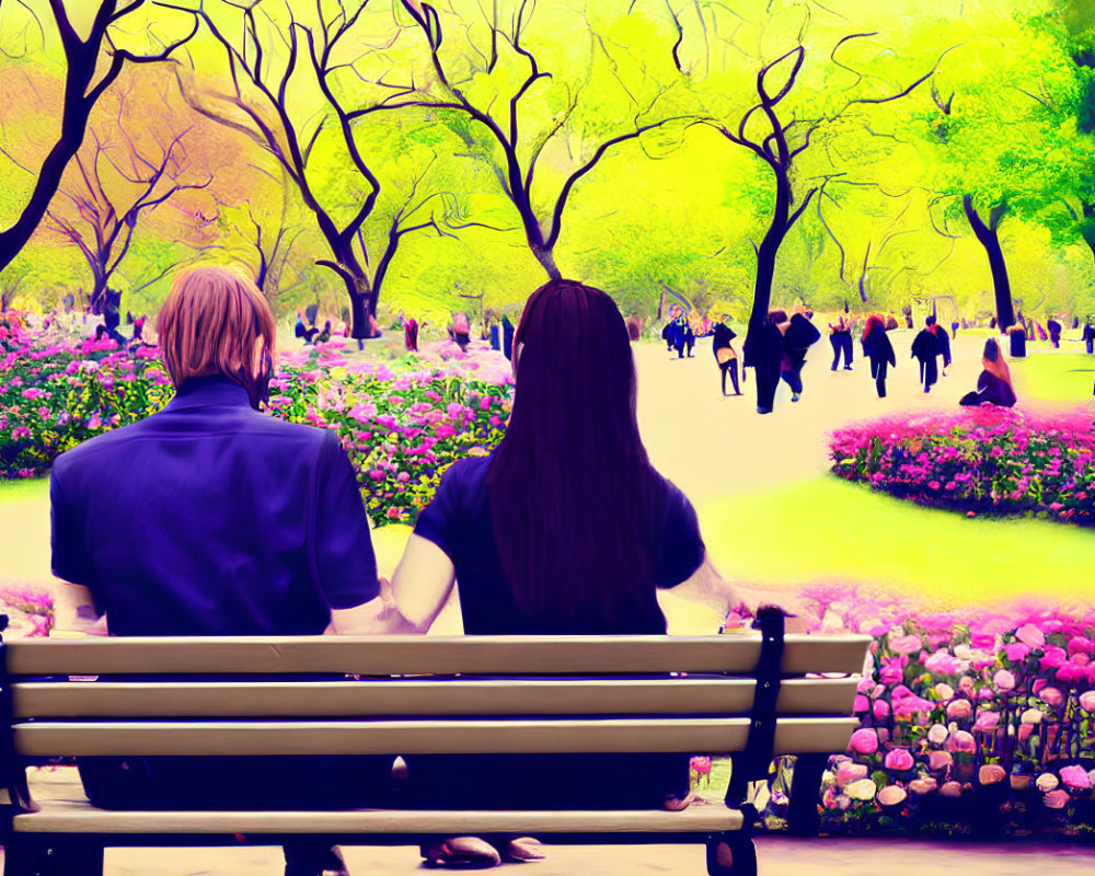 Man and woman on park bench watching people in vibrant, blossoming park