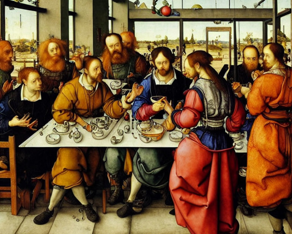 Renaissance painting of men dining in period attire