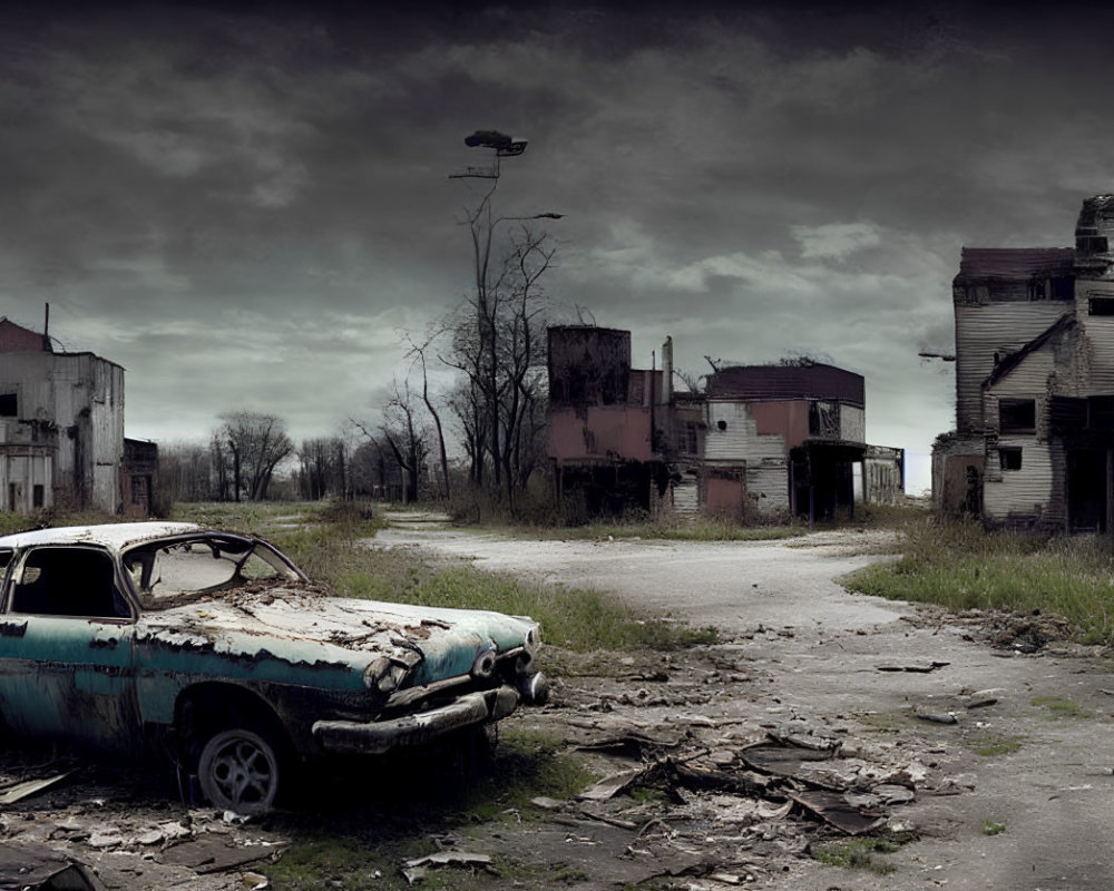 Desolate urban landscape with dilapidated buildings and abandoned car