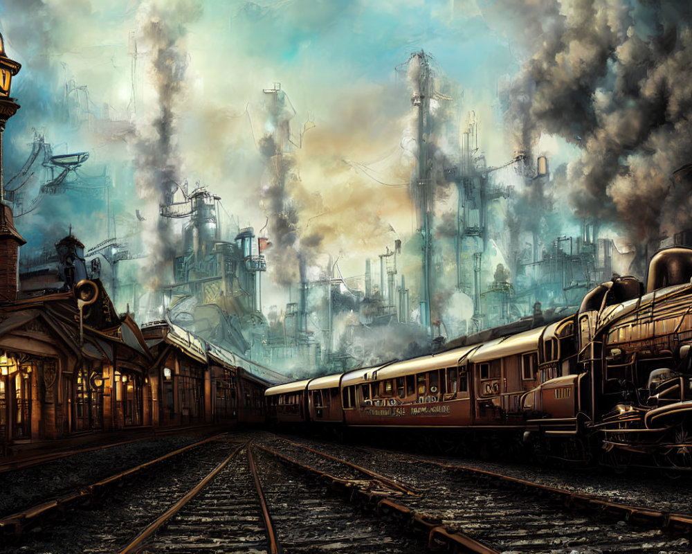 Steam train at station with industrial cityscape and towering structures.