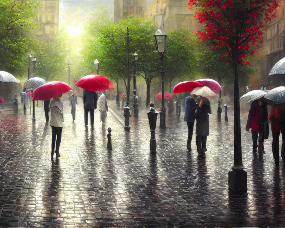 City street scene with people, umbrellas, wet cobblestone, sun rays, tree canopy,