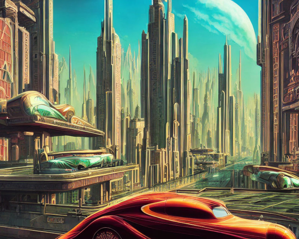 Futuristic cityscape with skyscrapers, flying cars, and giant planet in vibrant setting