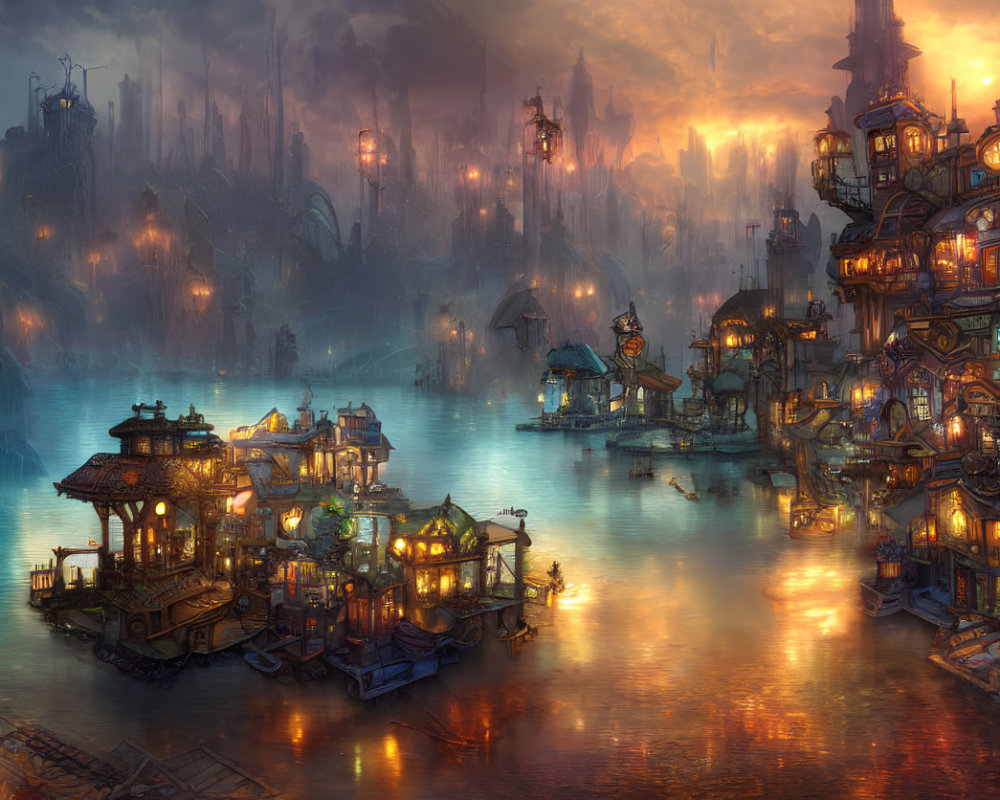 Detailed Fantasy Cityscape: Illuminated Buildings, Water Reflections, Towering Structures