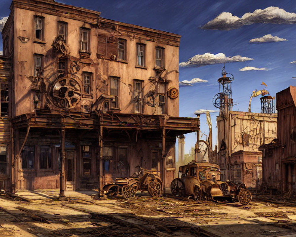 Dystopian scene with dilapidated buildings and steampunk vehicles