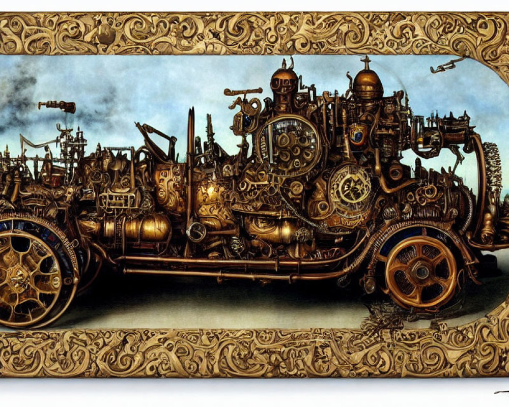 Intricate Steampunk-Style Vehicle with Metallic Gears and Cogs