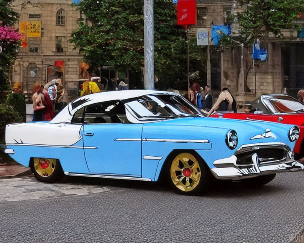 Digitally altered photo of blue and white cartoonish car on city street