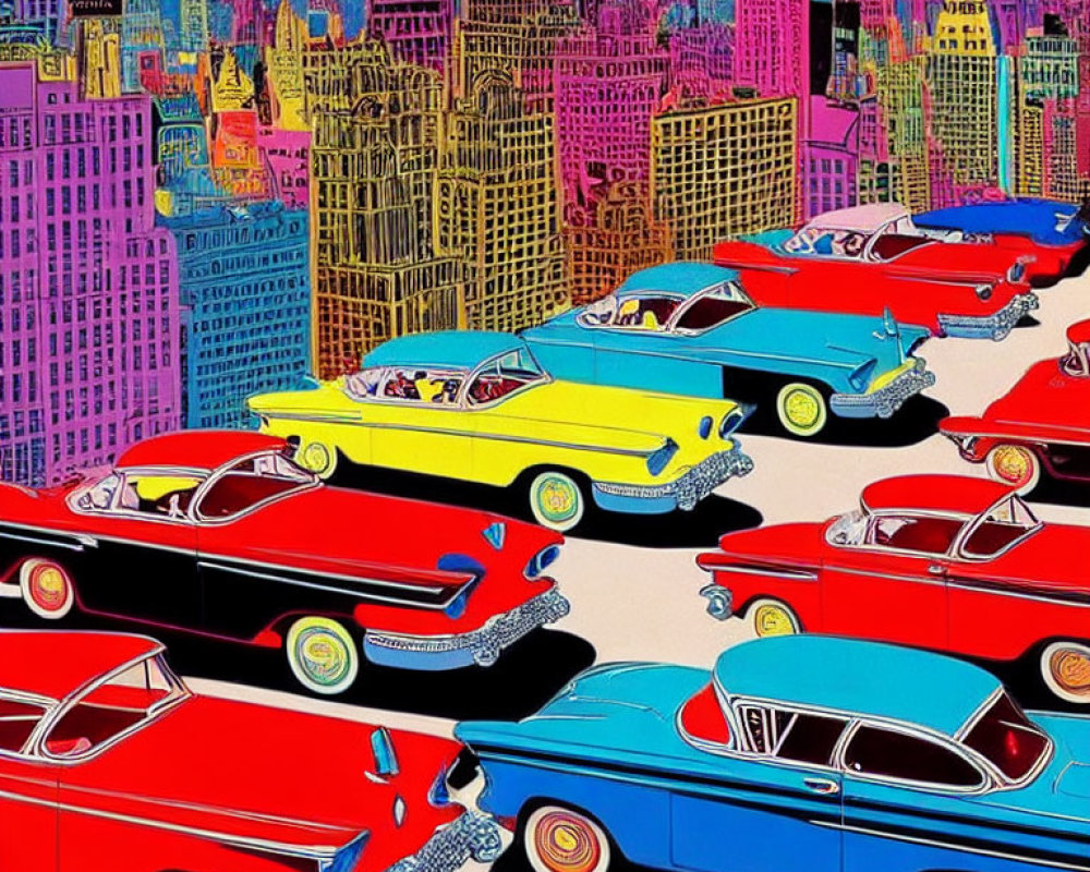 Colorful Cityscape Illustration Featuring Classic Cars and Skyscrapers