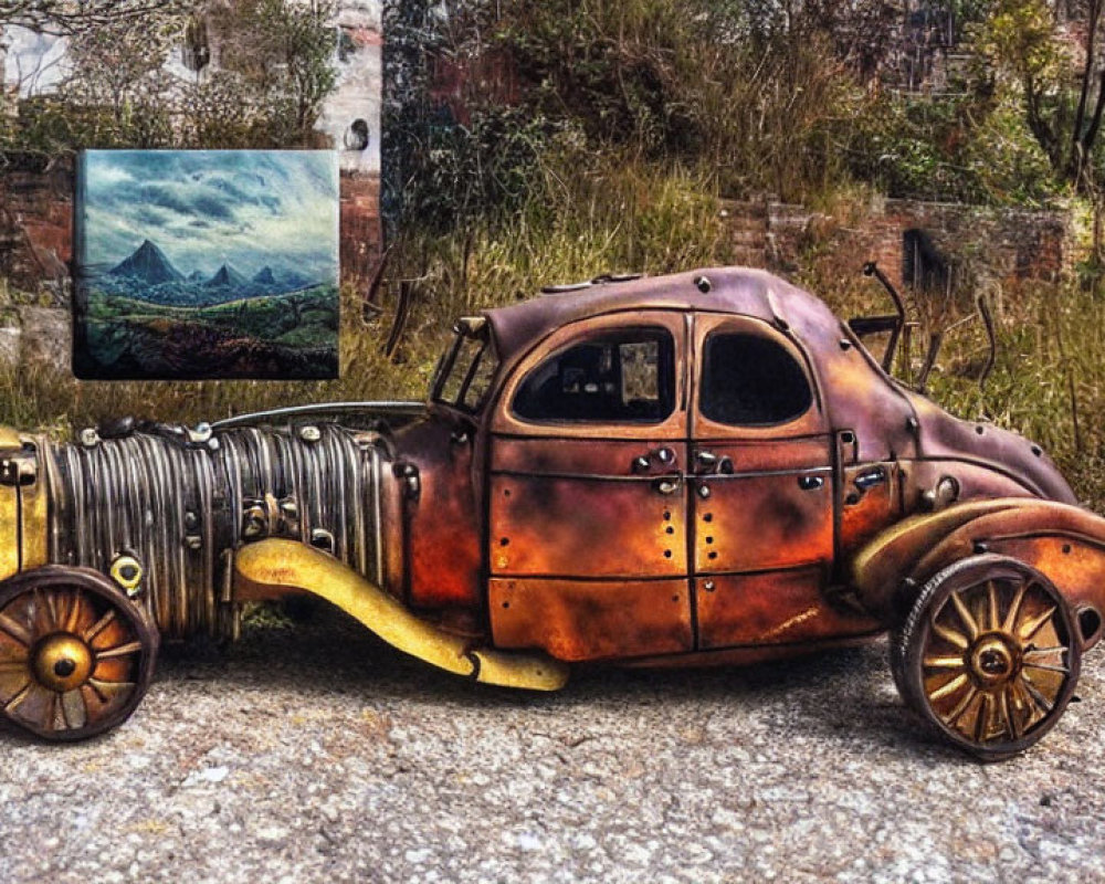 Steampunk-inspired model depicting rustic metal textures, rivets, and gears against a dilapidated