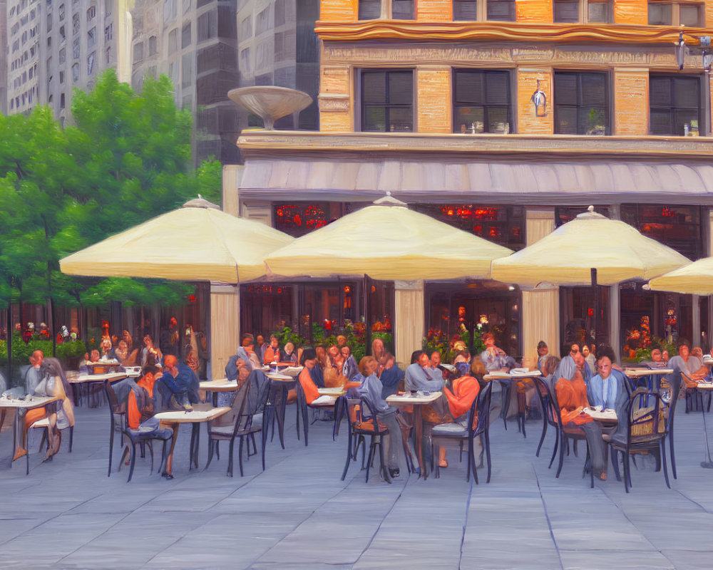 Outdoor Dining Scene with Beige Umbrellas and Classic Architecture