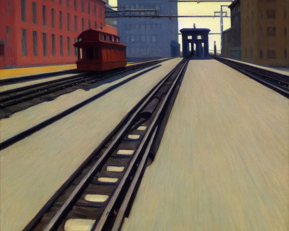 Urban painting of red tram on tracks with buildings and bridge in muted tones