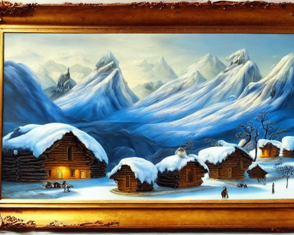 Snowy Landscape Painting with Mountain Peaks and Log Cabins in Gold Frame