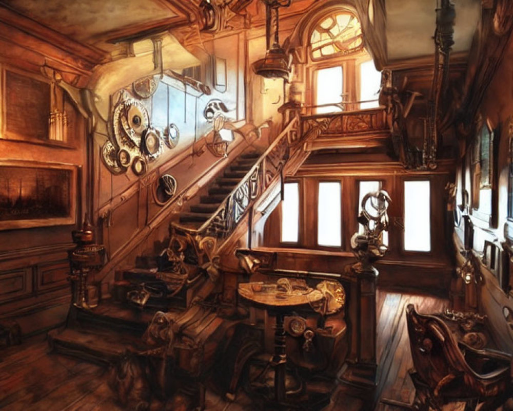 Steampunk-Themed Interior with Vintage Furniture and Warm Hues