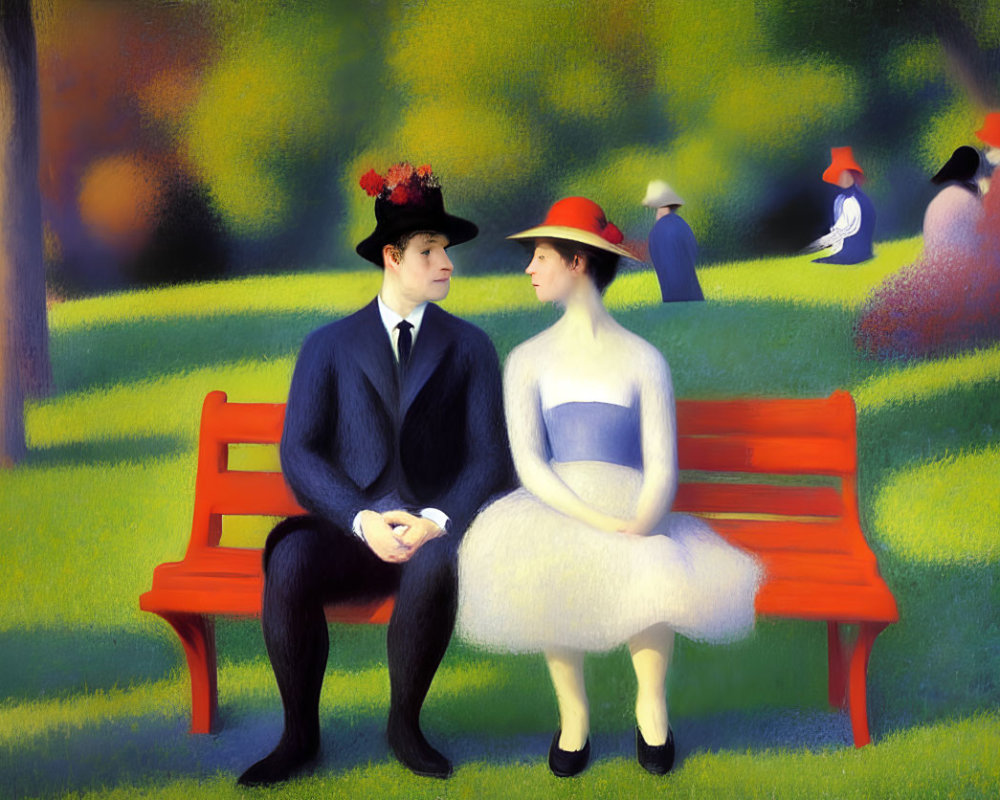 Stylized painting of couple on red bench in park with vibrant greenery