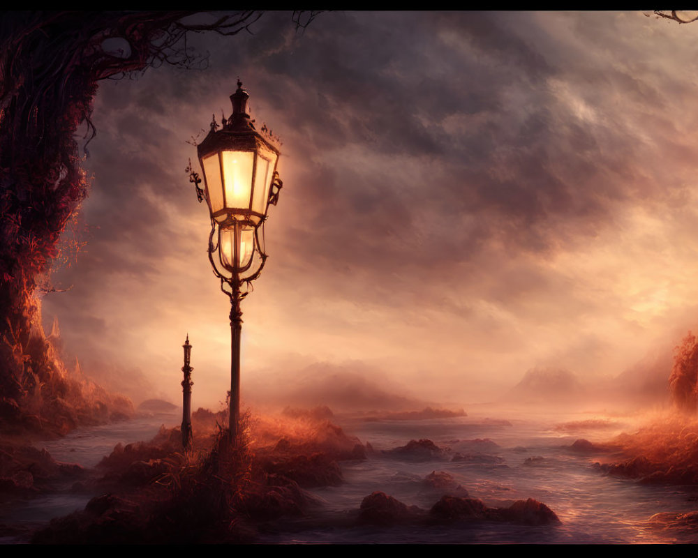 Fantasy landscape with illuminated street lamp in misty rocky terrain