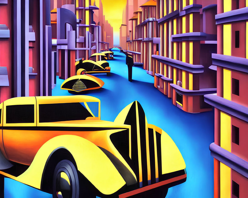 Stylized artwork of yellow vintage cars on vibrant blue road