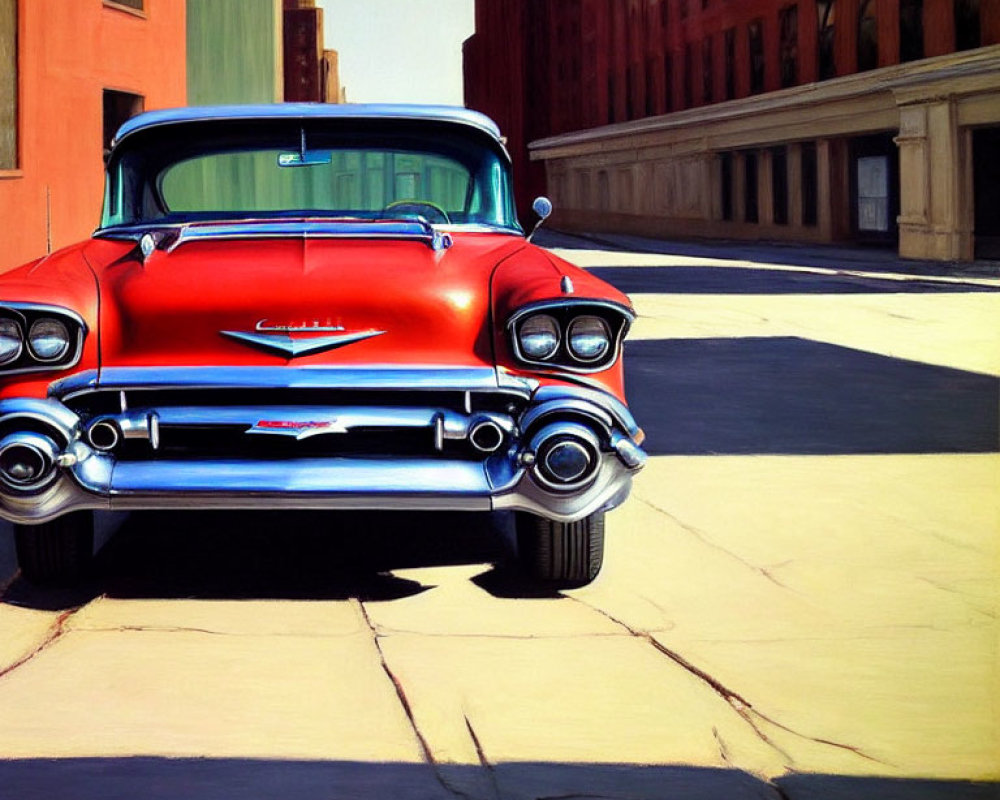 Vintage Red Chevrolet Car Painting on Empty Urban Street