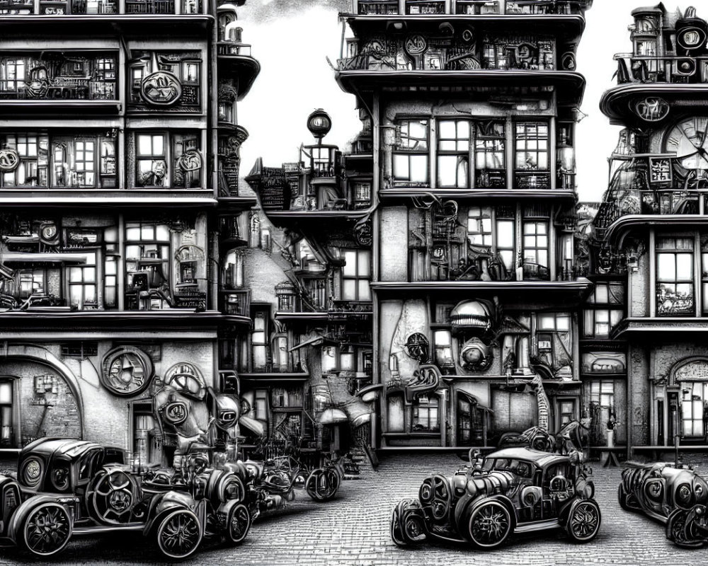 Detailed monochrome steampunk cityscape with vintage cars, gears, pipes, and clock elements.