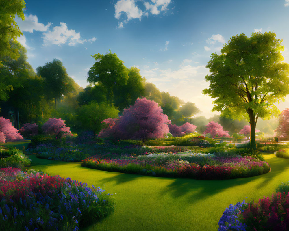 Tranquil garden with lush green grass and vibrant flowering trees