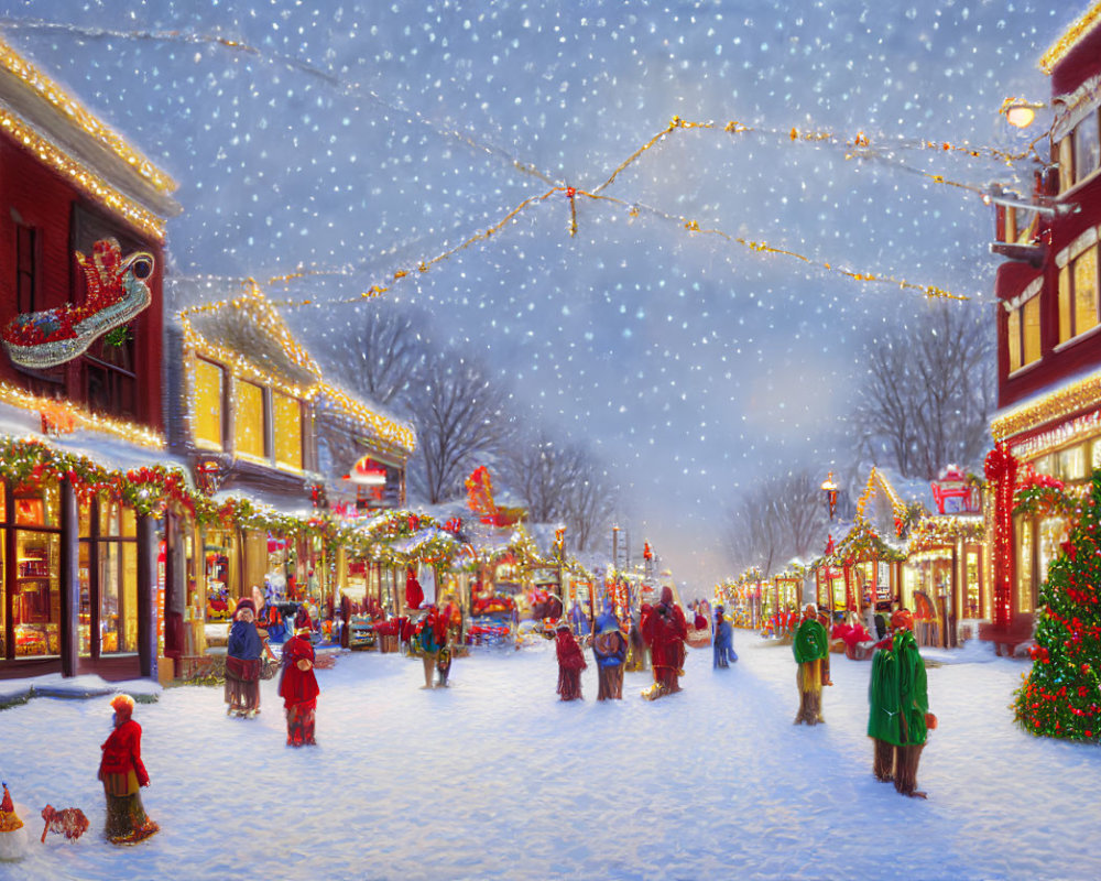 Festive Street Scene with Holiday Decorations and Falling Snow